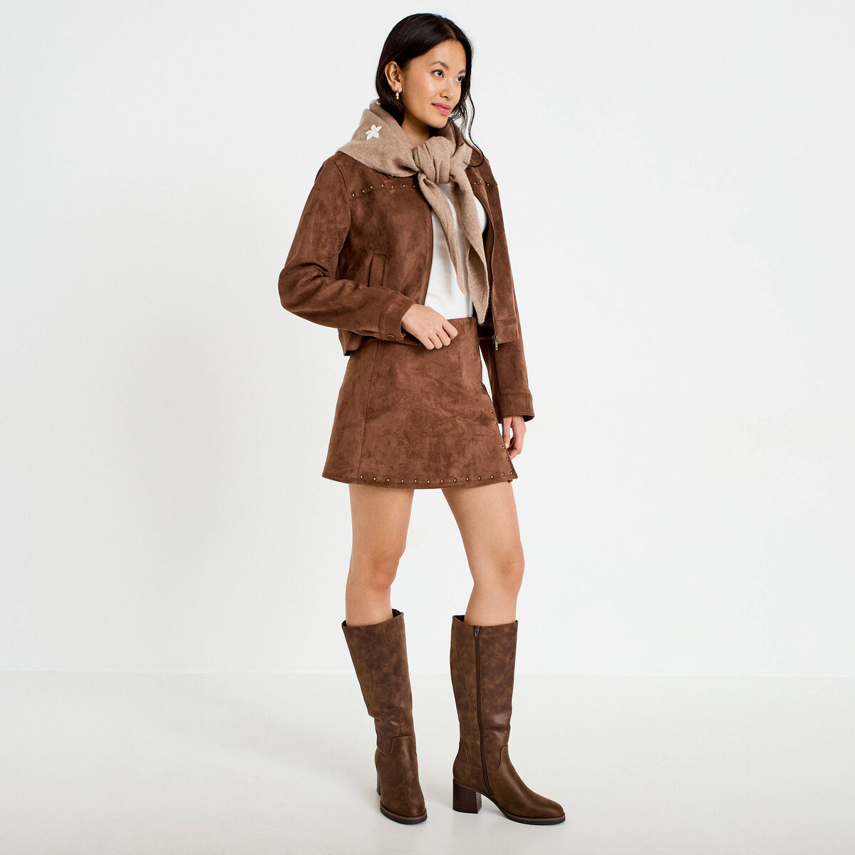 Jupe-short trap&egrave;ze taille haute daim marron femme