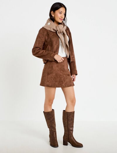 Jupe-short trap&egrave;ze taille haute daim marron femme