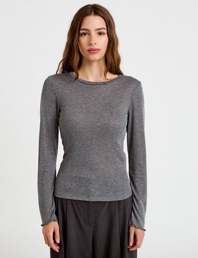 T-shirt ajust&eacute; col rond manches longues gris fonc&eacute; femme
