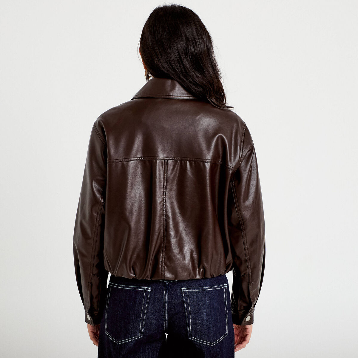 Veste effet boule manches longues marron fonc&eacute; femme