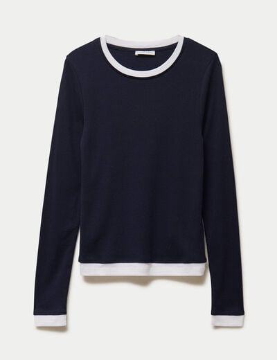 T-shirt 2-en-1 col rond manches longues bleu marine femme
