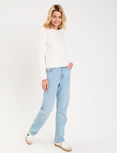 Pull d&eacute;collet&eacute; dos avec fleurs en relief ecru femme