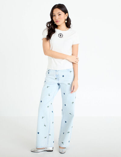 T-shirt col rond brod&eacute; Bridgerton ecru femme