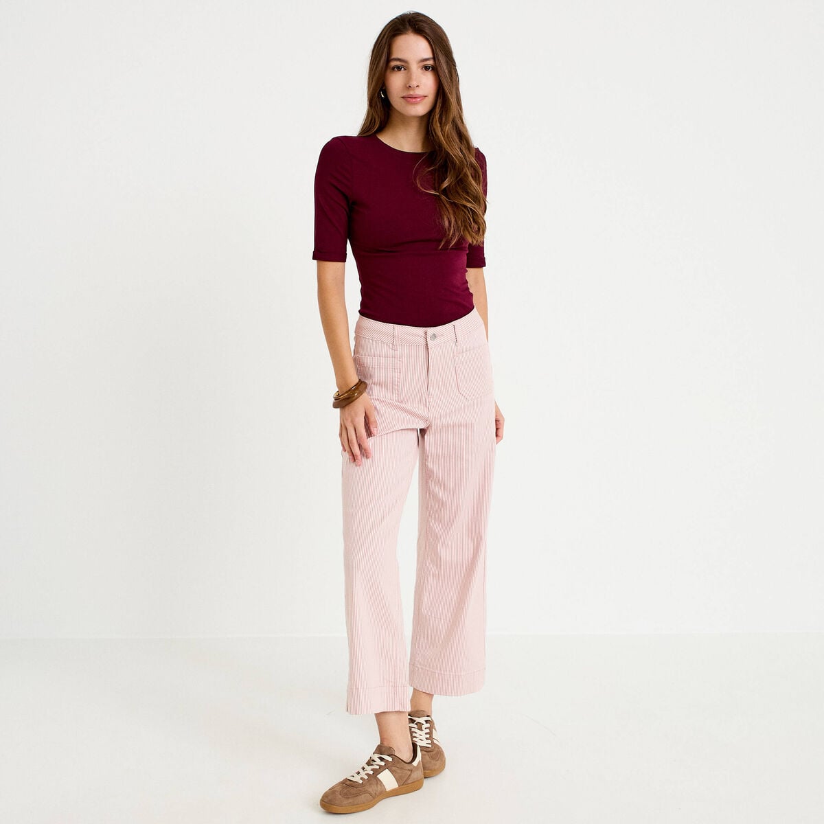Pantalon large cropped taille haute rose nude femme