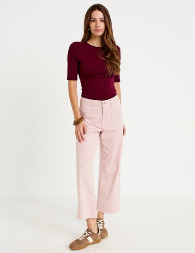 Pantalon large cropped taille haute rose nude femme