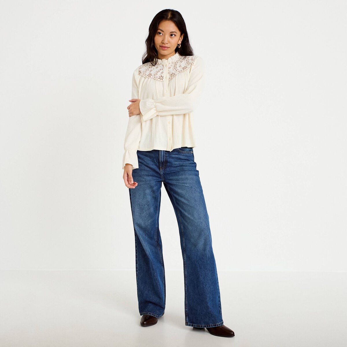 Blouse droite manches longues pliss&eacute;e ivoire femme