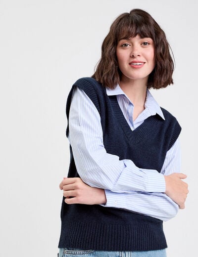 Pull chemise 2-en-1 bleu marine femme