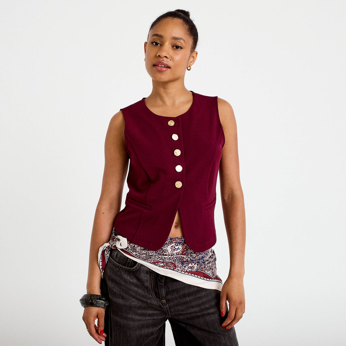 Gilet sans manches col rond bordeaux femme