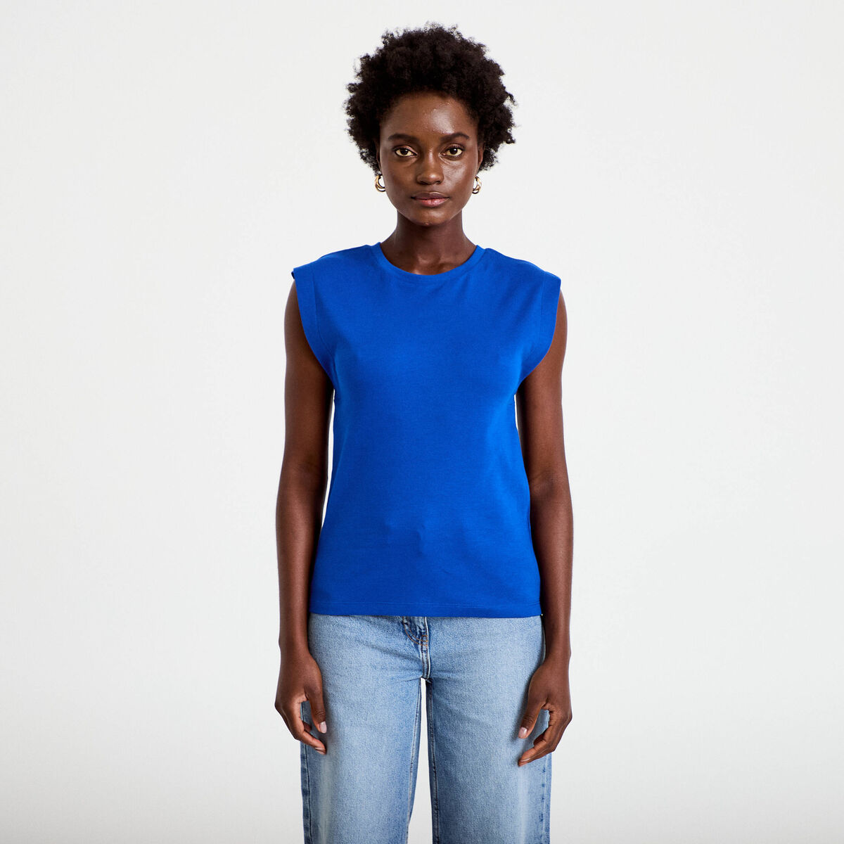 T-shirt col rond sans manches bleu electrique femme