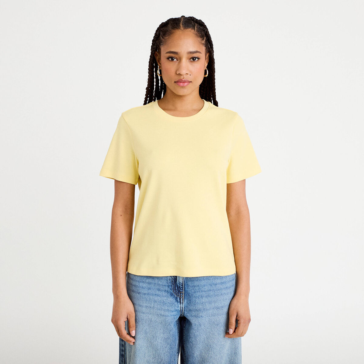T-shirt col rond manches courtes jaune pastel femme