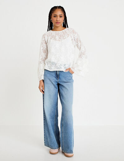 Blouse col rond manches longues dentelle ecru femme