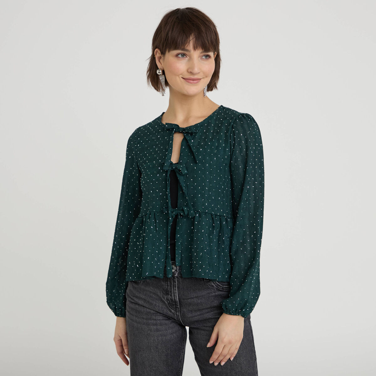 Blouse nou&eacute;e strass vert fonc&eacute; femme