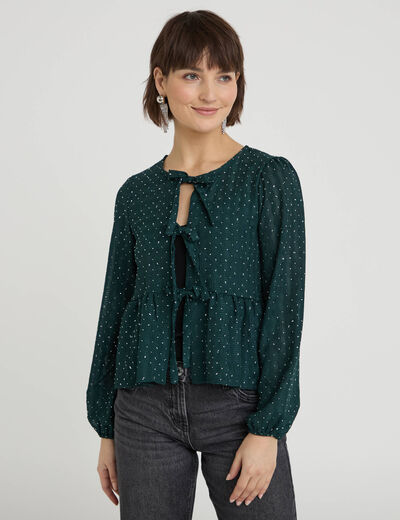 Blouse nou&eacute;e strass vert fonc&eacute; femme