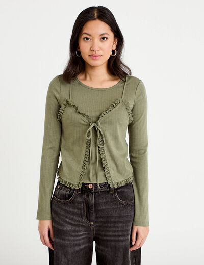 T-shirt 2-en-1 vert kaki femme