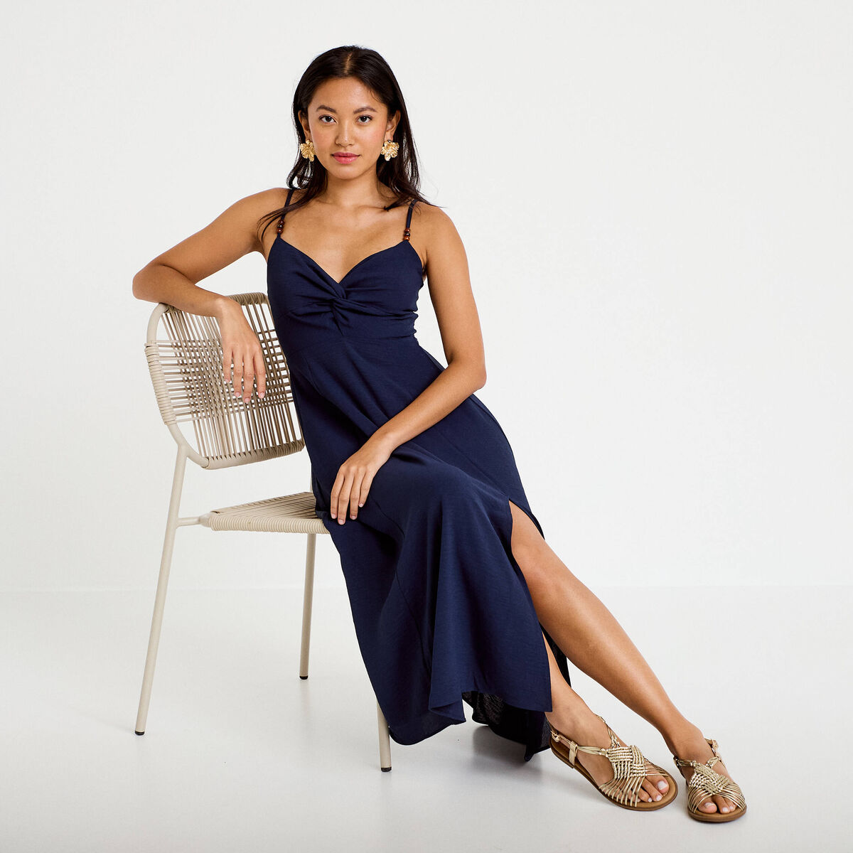 Robe longue &eacute;vas&eacute;e fendue bleu marine femme