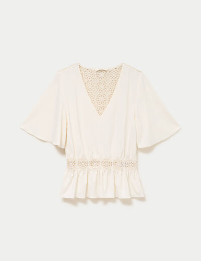 Blouse col v manches courtes ecru femme