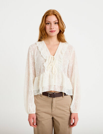 Blouse col v manches longues ecru femme