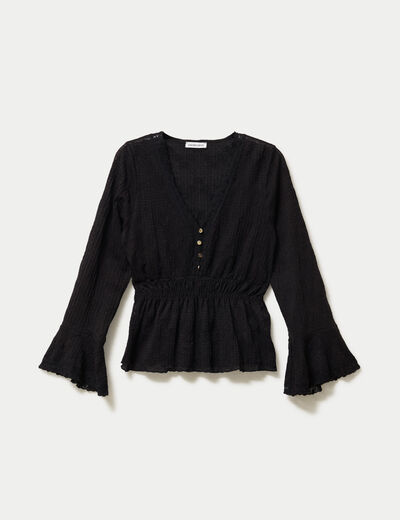 Blouse ajust&eacute;e col v manches longues noir femme
