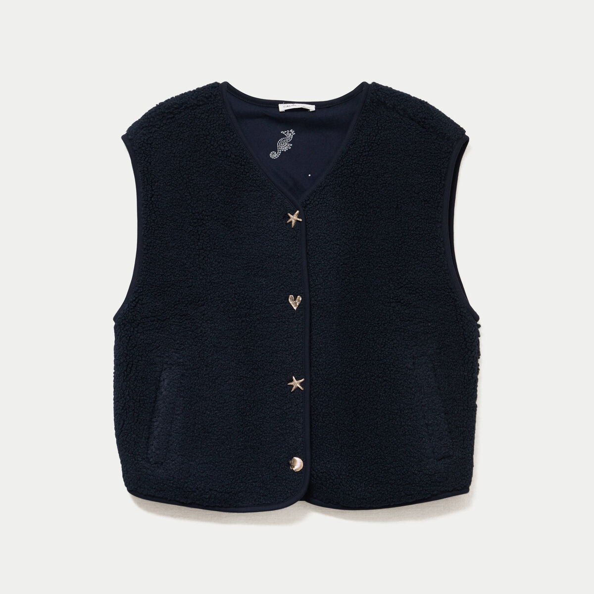 Gilet sans manches effet polaire col v bleu marine femme