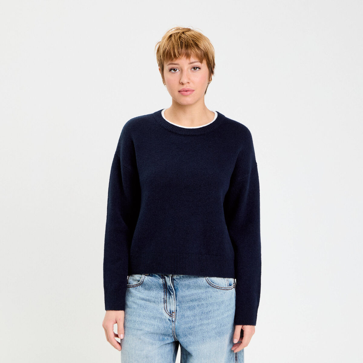 Pull col rond manches longues bleu marine femme