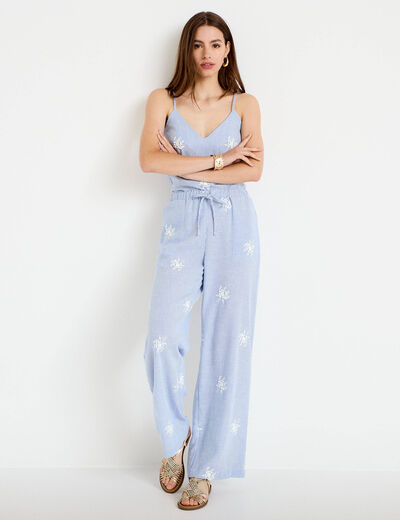 Pantalon large taille haute &agrave; relief blanc femme