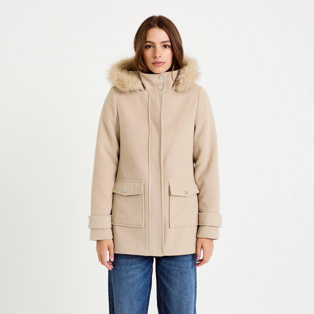 Manteau mi-long &agrave; capuche beige femme