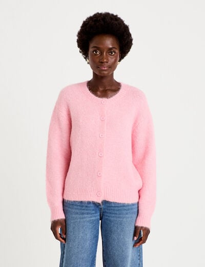 Gilet ample col rond manches longues rose femme