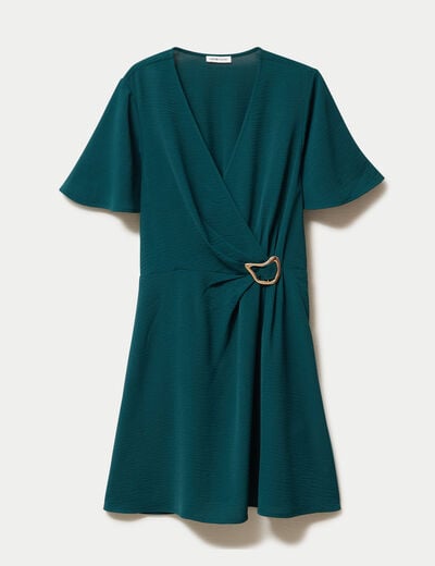 Robe courte &eacute;vas&eacute;e col v manches courtes vert fonc&eacute; femme
