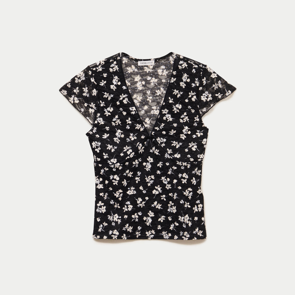 T-shirt ajust&eacute; court d&eacute;collet&eacute; dentelle noir femme