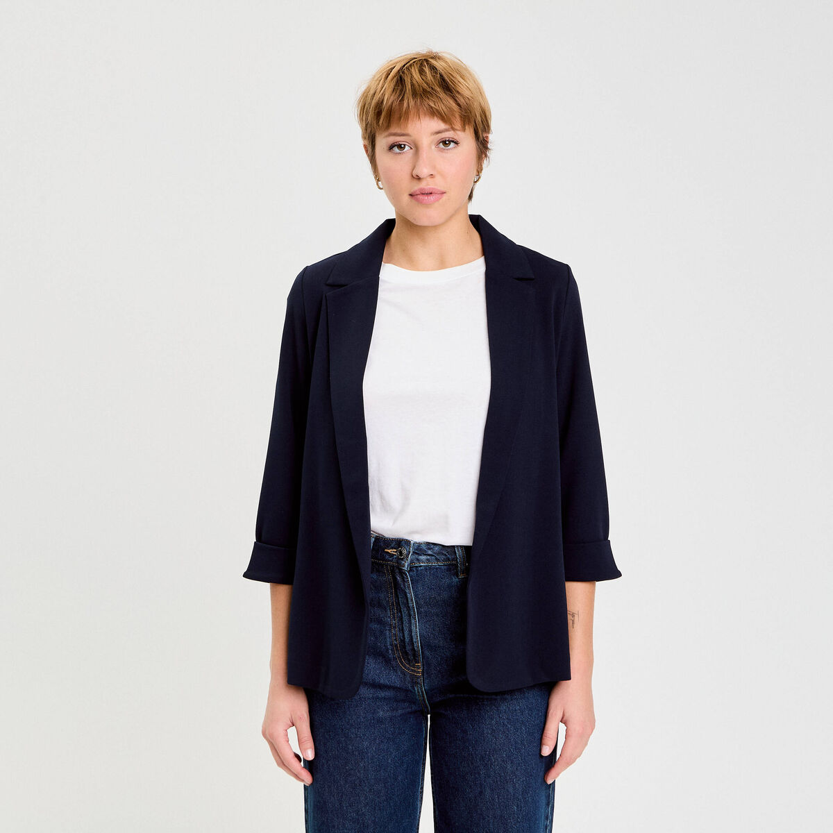 Veste blazer manches 3/4 bleu marine femme
