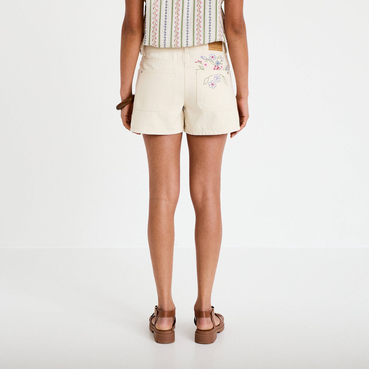 Short en jean avec broderie ecru femme