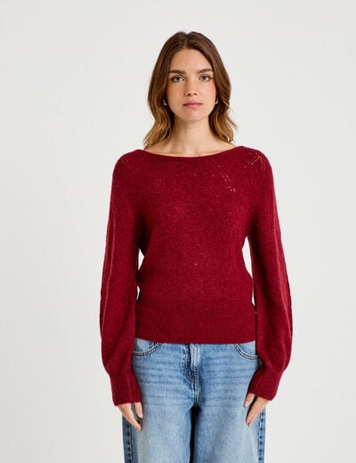Pull ajour&eacute; col bateau manches longues rouge fonc&eacute; femme