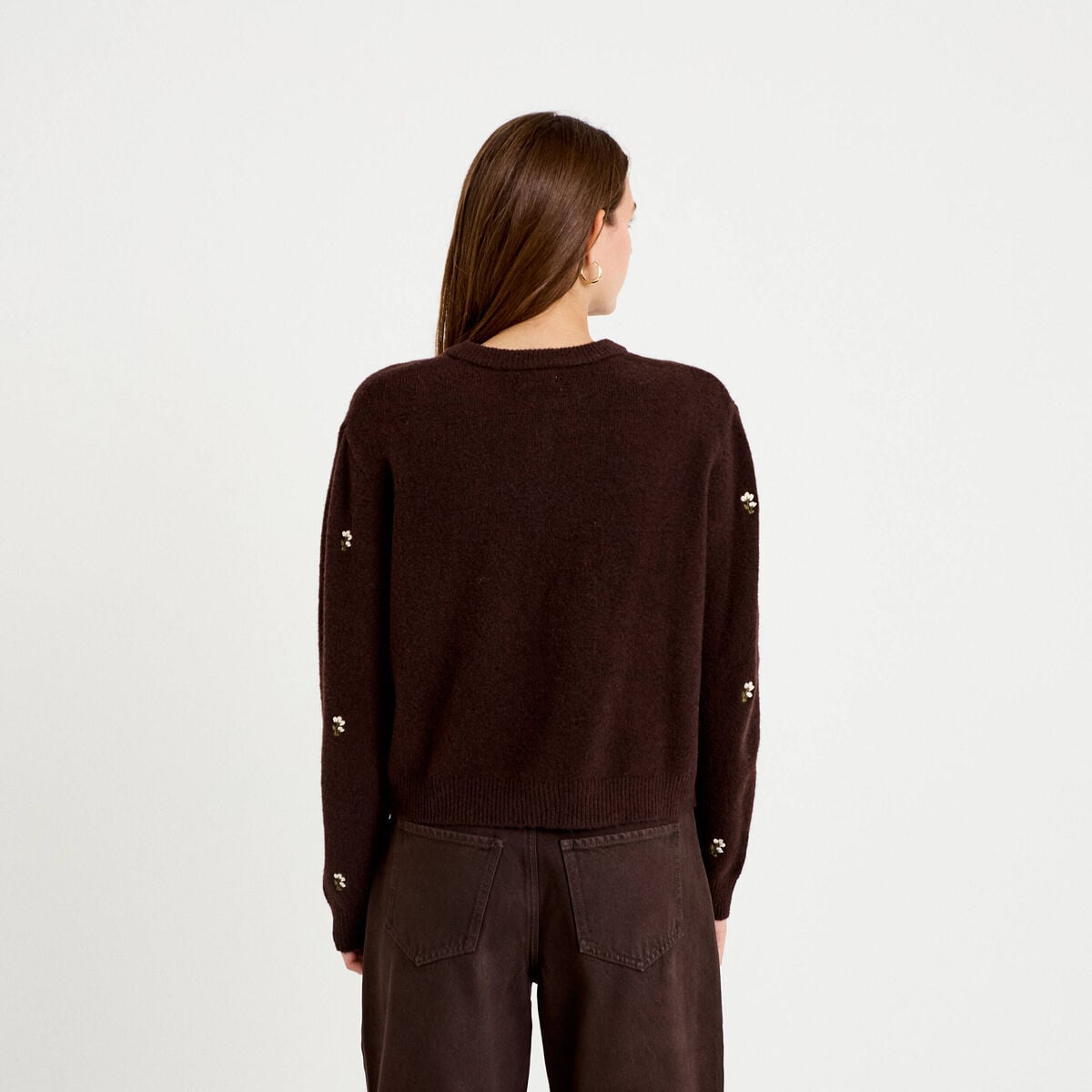 Gilet manches longues broderies col rond marron fonc&eacute; femme