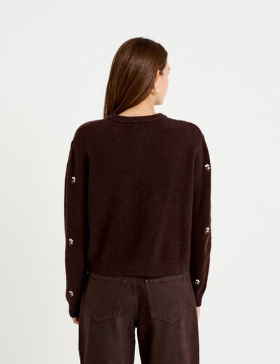 Gilet manches longues broderies col rond marron fonc&eacute; femme