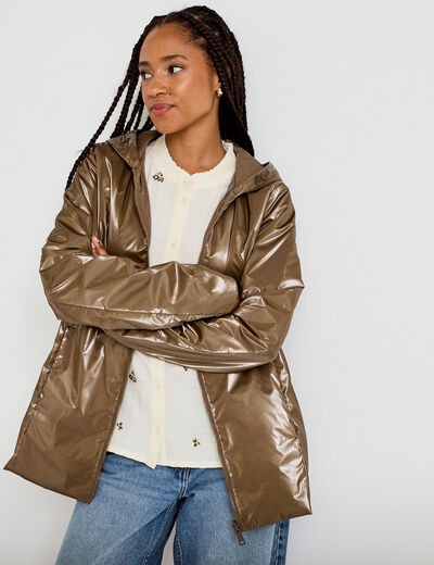 Parka r&eacute;versible &agrave; capuche taupe femme