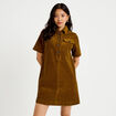Robe courte droite en velours coton vert olive femme