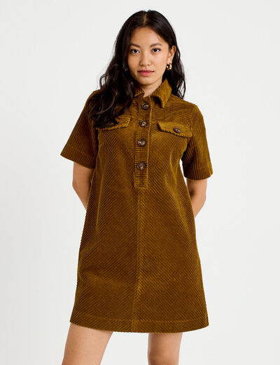 Robe courte droite en velours coton vert olive femme