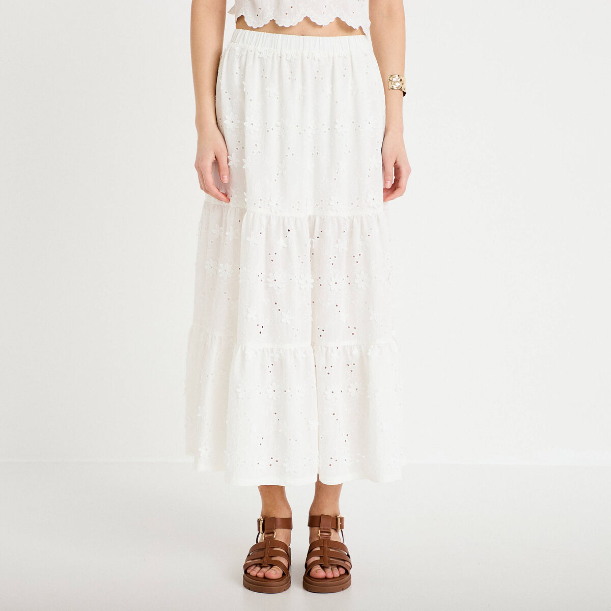 Jupon long &eacute;vas&eacute; avec broderie blanc femme