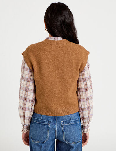 Gilet sans manches col v broderie marron femme