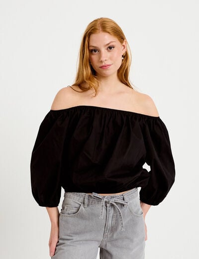 Blouse oversize col bardot manches 3/4 noir femme
