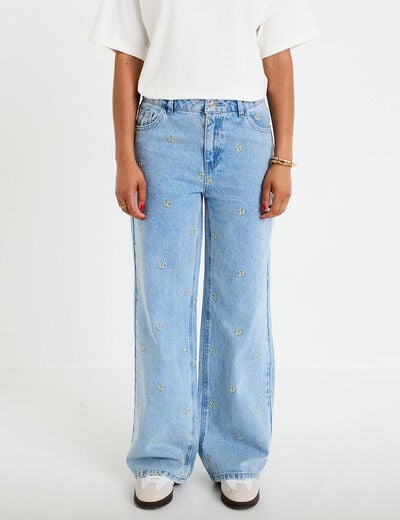 Jean wide leg taille haute brod&eacute; bleu femme