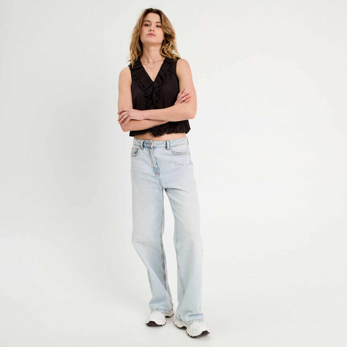 Blouse volants sans manches noir femme