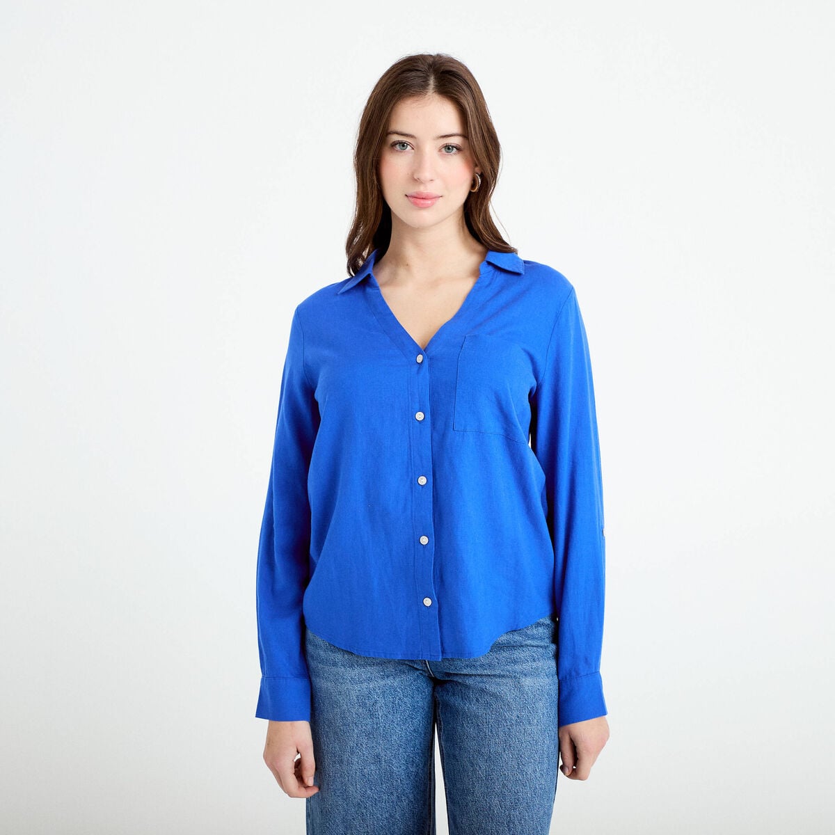 Chemise lin col V manches longues bleu electrique femme