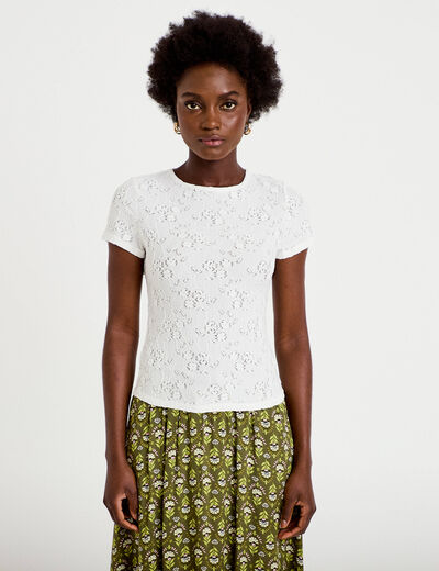 T-shirt ajust&eacute; &agrave; relief manches courtes ecru femme
