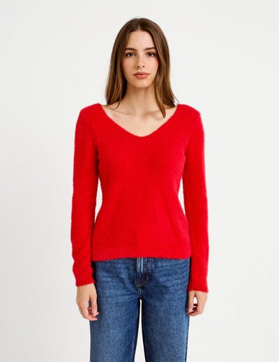 Pull col v manches longues perles rouge femme