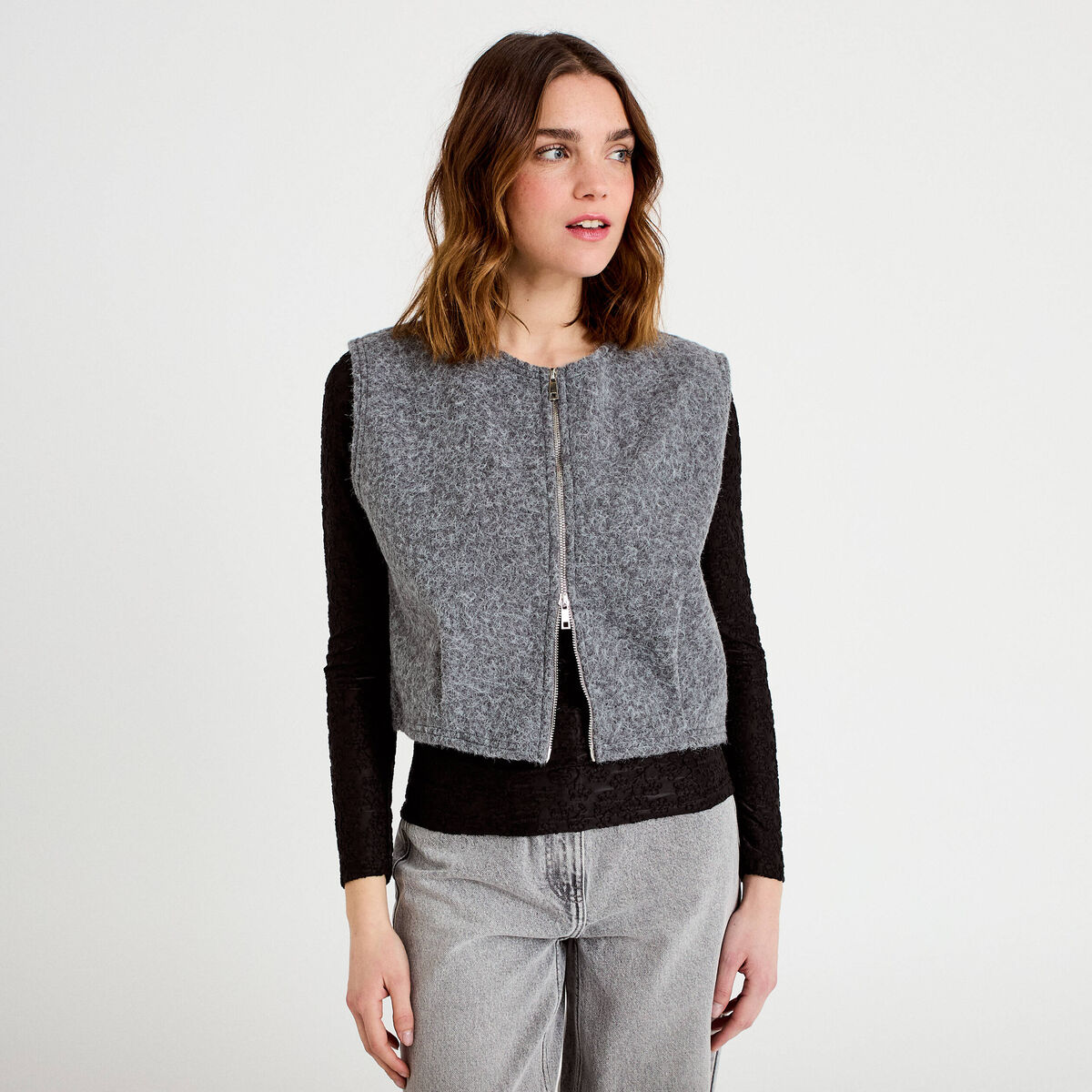 Veste sans manches effet polaire gris clair femme