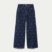 Jean wide leg taille haute brod&eacute; bleu fonc&eacute; femme