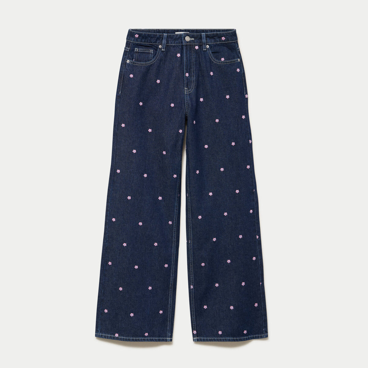 Jean wide leg taille haute brod&eacute; bleu fonc&eacute; femme