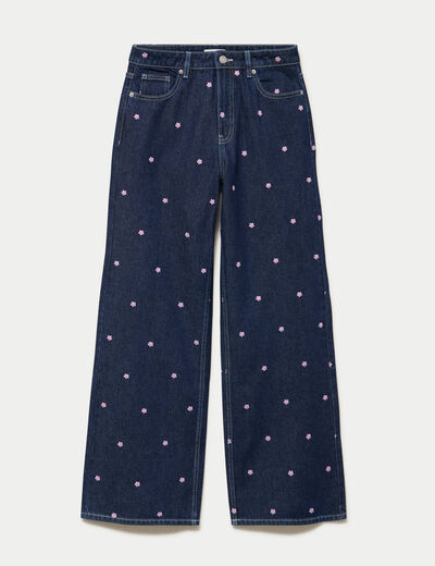 Jean wide leg taille haute brod&eacute; bleu fonc&eacute; femme