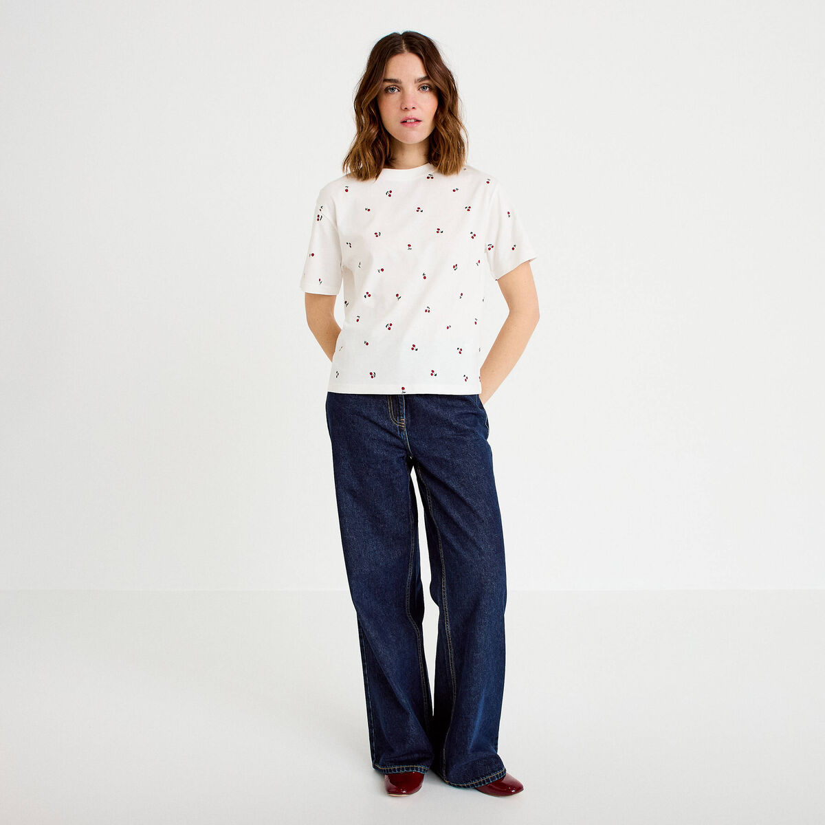 T-shirt &agrave; motif manches courtes blanc femme